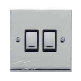 2 Gang 2 Way 10A Switch in Polished Chrome Low Profile Plate and Black Trim, Richmond Elite