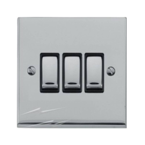 3 Gang 2 Way 10A Switch in Polished Chrome Low Profile Plate and Black Trim, Richmond Elite