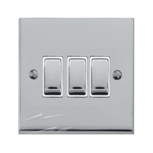 3 Gang 2 Way 10A Switch in Polished Chrome Low Profile Plate and White Trim, Richmond Elite