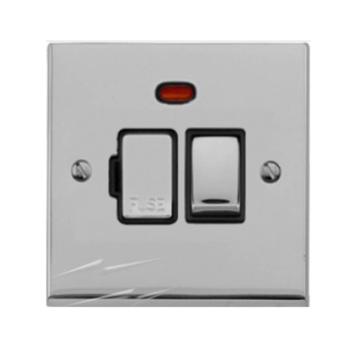 1 Gang 13A Switched Spur with Neon Light in Polished Chrome Low Profile Plate and Black Trim, Richmond Elite