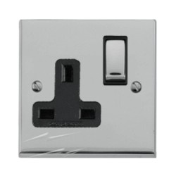 1 Gang 13A Switched Single Socket in Polished Chrome Low Profile Plate and Black Trim, Richmond Elite