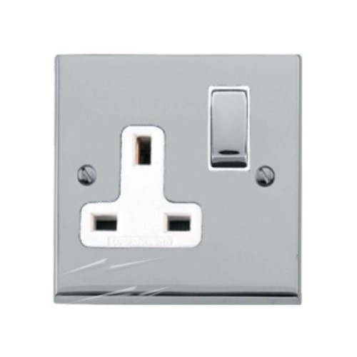 1 Gang 13A Switched Single Socket in Polished Chrome Low Profile Plate and White Trim, Richmond Elite