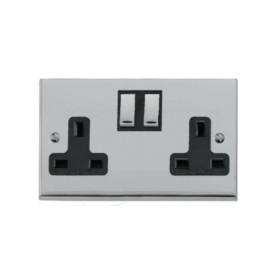 2 Gang 13A Switched Double Socket in Polished Chrome Low Profile Plate and Black Trim, Richmond Elite