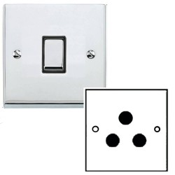 1 Gang 5A Unswitched 3 Pin Socket in Polished Chrome Low Profile Plate and Black Trim, Richmond Elite
