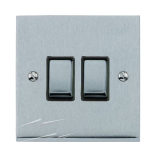 2 Gang 2 Way 10A Switch in Satin Chrome Low Profile Plate and Black Trim, Richmond Elite