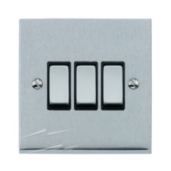 3 Gang 2 Way 10A Switch in Satin Chrome Low Profile Plate and Black Trim, Richmond Elite