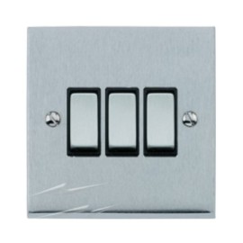 3 Gang 2 Way 10A Switch in Satin Chrome Low Profile Plate and Black Trim, Richmond Elite