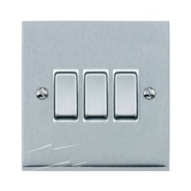 3 Gang 2 Way 10A Switch in Satin Chrome Low Profile Plate and White Trim, Richmond Elite