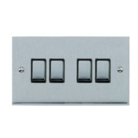 4 Gang 2 Way 10A Switch in Satin Chrome Low Profile Plate and Black Trim, Richmond Elite