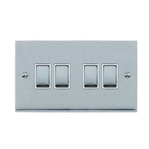 4 Gang 2 Way 10A Switch in Satin Chrome Low Profile Plate and White Trim, Richmond Elite