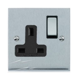 1 Gang 13A Switched Single Socket in Satin Chrome Low Profile Plate and Black Trim, Richmond Elite