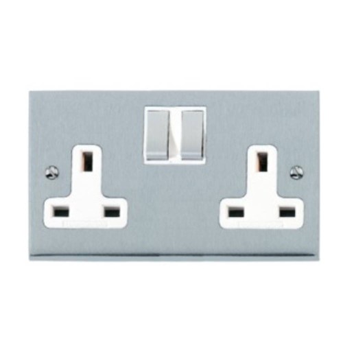 2 Gang 13A Switched Double Socket in Satin Chrome Low Profile Plate and White Trim, Richmond Elite