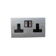 2 Gang 13A Switched Double Socket in Satin Chrome Low Profile Plate and Black Trim, Richmond Elite