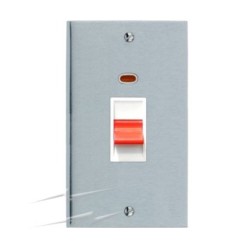 45A Cooker Switch (twin plate) Red Rocker in Satin Chrome Low Profile Plate and White Trim, Richmond Elite