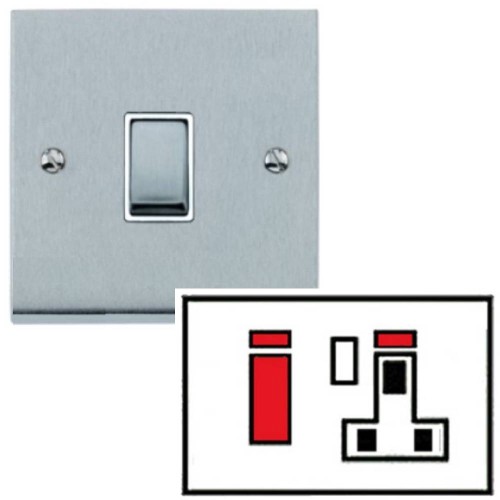 45A Cooker Switch with 1 Gang 13A Switched Socket in Satin Chrome Low Profile Plate and White Trim, Richmond Elite
