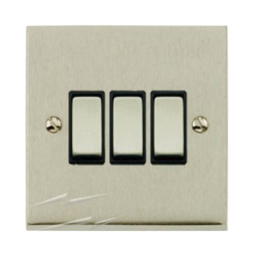3 Gang 2 Way 10A Switch in Satin Nickel Low Profile Plate and Black Trim, Richmond Elite