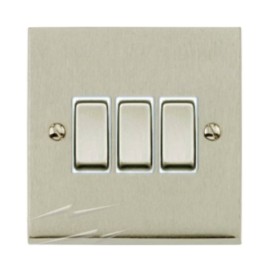 3 Gang 2 Way 10A Switch in Satin Nickel Low Profile Plate and White Trim, Richmond Elite