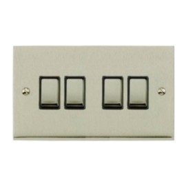 4 Gang 2 Way 10A Switch in Satin Nickel Low Profile Plate and Black Trim, Richmond Elite