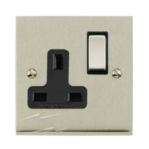 1 Gang 13A Switched Single Socket in Satin Nickel Low Profile Plate and Black Trim, Richmond Elite
