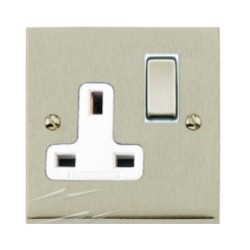 1 Gang 13A Switched Single Socket in Satin Nickel Low Profile Plate and White Trim, Richmond Elite