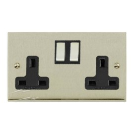 2 Gang 13A Switched Double Socket in Satin Nickel Low Profile Plate and Black Trim, Richmond Elite