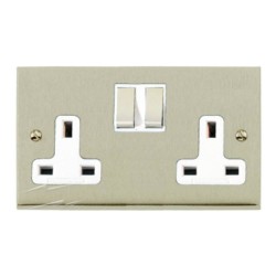 2 Gang 13A Switched Double Socket in Satin Nickel Low Profile Plate and White Trim, Richmond Elite