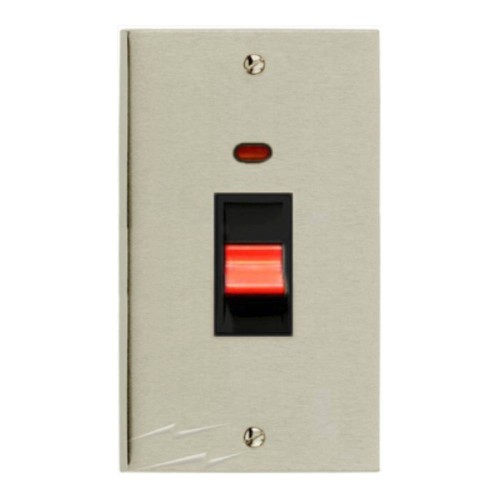 45A Cooker Switch (twin plate) Red Rocker in Satin Nickel Low Profile Plate and Black Trim, Richmond Elite