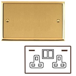 2 Gang 13A Socket with 2 USB Sockets Mayfair Dual Finish Satin Brass Raised Plate with Polished Brass Stepped Edge Black Trim