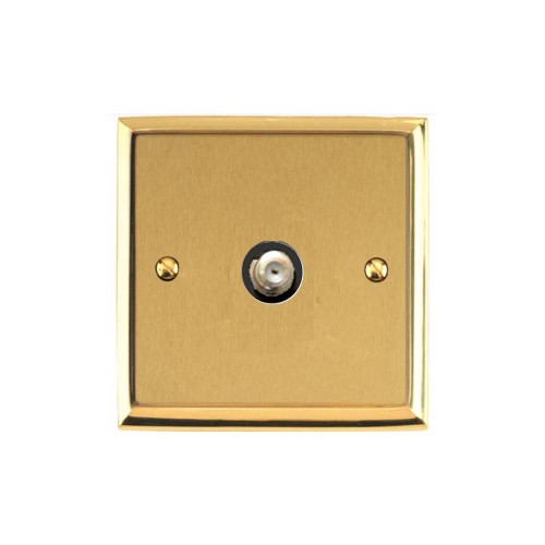 1 Gang Satellite Socket Mayfair Dual Finish Satin Brass Raised Plate with Polished Brass Stepped Edge with a Black Trim