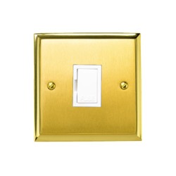1 Gang 13A Unswitched Fused Spur Mayfair Dual Finish Satin Brass Raised Plate with Polished Brass Stepped Edge with White Trim