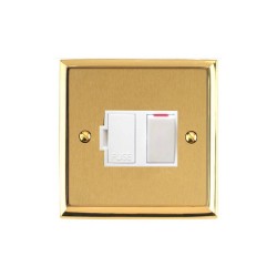 1 Gang 13A Switched Spur (Fused) Mayfair Dual Finish Satin Brass Raised Plate with Polished Brass Stepped Edge with White Trim and Switch