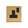 1 Gang 13A Switched Single Socket Mayfair Dual Finish Satin Brass Raised Plate with Polished Brass Stepped Edge Black Switch and Trim