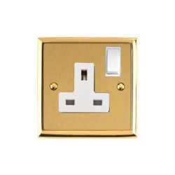 1 Gang 13A Switched Single Socket Mayfair Dual Finish Satin Brass Raised Plate with Polished Brass Stepped Edge White Switch and Trim