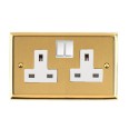 2 Gang 13A Switched Twin Socket Mayfair Dual Finish Satin Brass Raised Plate with Polished Brass Stepped Edge White Switch and Trim