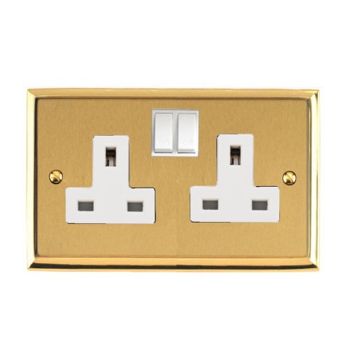 2 Gang 13A Switched Twin Socket Mayfair Dual Finish Satin Brass Raised Plate with Polished Brass Stepped Edge White Switch and Trim