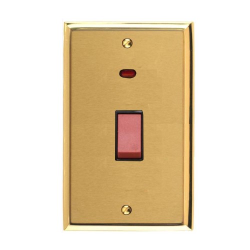 45A Cooker Switch with Neon Twin/Tall Plate Mayfair Dual Finish Satin Brass Raised Plate with Polished Brass Stepped Edge Red Rocker Black Trim