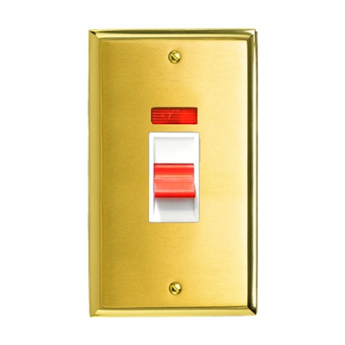45A Cooker Switch with Neon on a Vertical Twin Plate Mayfair Dual Finish Satin Brass Raised Plate / Polished Brass Edge Red Rocker White Trim