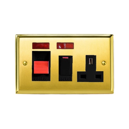 45A Cooker Unit with 13A Socket and Neon Indicators Mayfair Dual Finish Satin Brass Raised Plate / Polished Brass Edge Black Trim