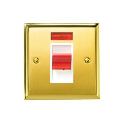 45A Cooker Switch with Neon on a Single Plate Mayfair Dual Finish Satin Brass Raised Plate / Polished Brass Edge Red Rocker White Trim