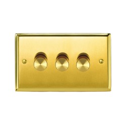 3 Gang 2 Way Trailing Edge 10-120W LED Dimmer Mayfair Satin Brass Raised Plate/Polished Brass Edge Stepped Edge