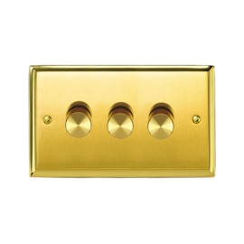 3 Gang 2 Way Trailing Edge 10-120W LED Dimmer Mayfair Satin Brass Raised Plate/Polished Brass Edge Stepped Edge