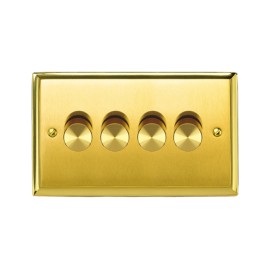 4 Gang 2 Way Trailing Edge 10-120W LED Dimmer Mayfair Satin Brass Raised Plate/Polished Brass Edge Stepped Edge