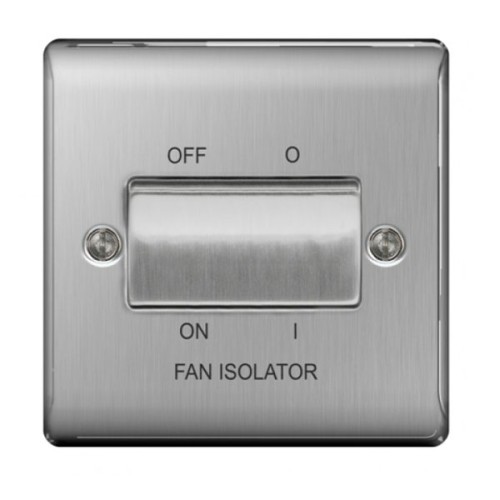 1 Gang 3 Pole Fan Isolator Switch in Brushed Steel Plate and Switch, BG Nexus Metal Raised Plate