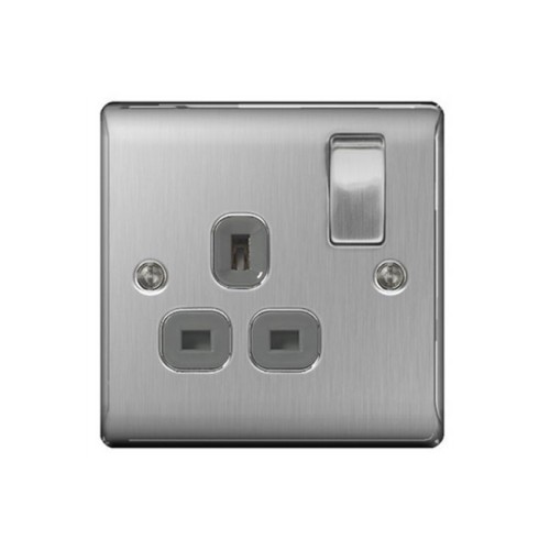 1 Gang 13A Double Pole Switched Single Socket in Brushed Steel BG Nexus Metal Raised Plate
