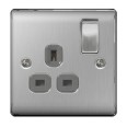 1 Gang 13A Double Pole Switched Single Socket in Brushed Steel BG Nexus Metal Raised Plate