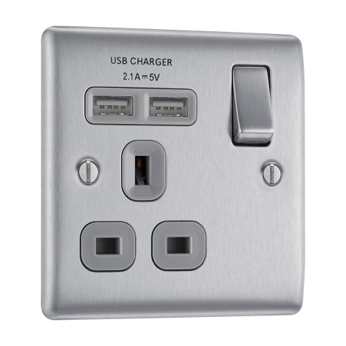 1 Gang 13A Switched Socket with 2 USB Type A Sockets (2.1A 5V) in Brushed Steel BG Nexus Metal Raised Plate BG Nexus NBS21U2G