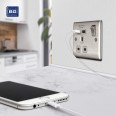 1 Gang 13A Switched Socket with 2 USB Type A Sockets (2.1A 5V) in Brushed Steel BG Nexus Metal Raised Plate BG Nexus NBS21U2G