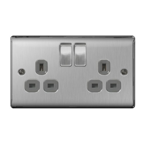 2 Gang 13A Double Pole Switched Twin Socket in Brushed Steel BG Nexus Metal Raised Plate