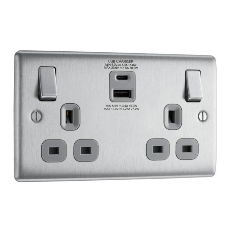 2 Gang 13A Switched Socket with USB Charger 30W USB-C + 27W
