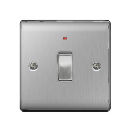 1 Gang Double Pole Switch with Neon, 20A DP Switch Brushed Steel BG Nexus Metal Raised Plate